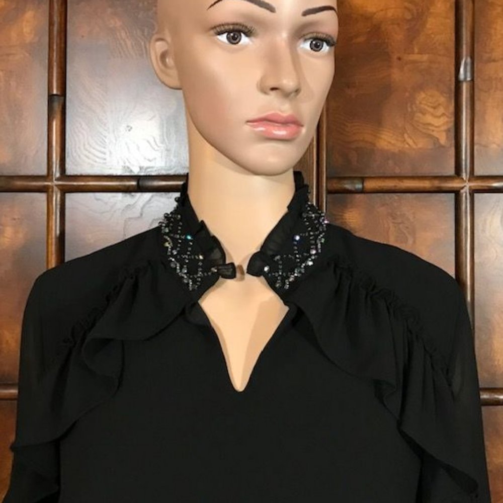 Black Ruffle Beaded Collar Poet Sleeve Chiffon Bl… - image 6